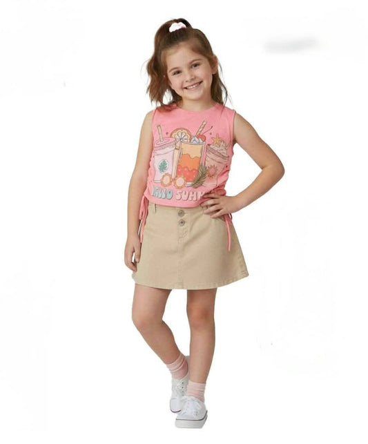 Girls Pink Summer Sleeveless Top & Beige Skirt Set | Casual Kids Outfit |HP003G