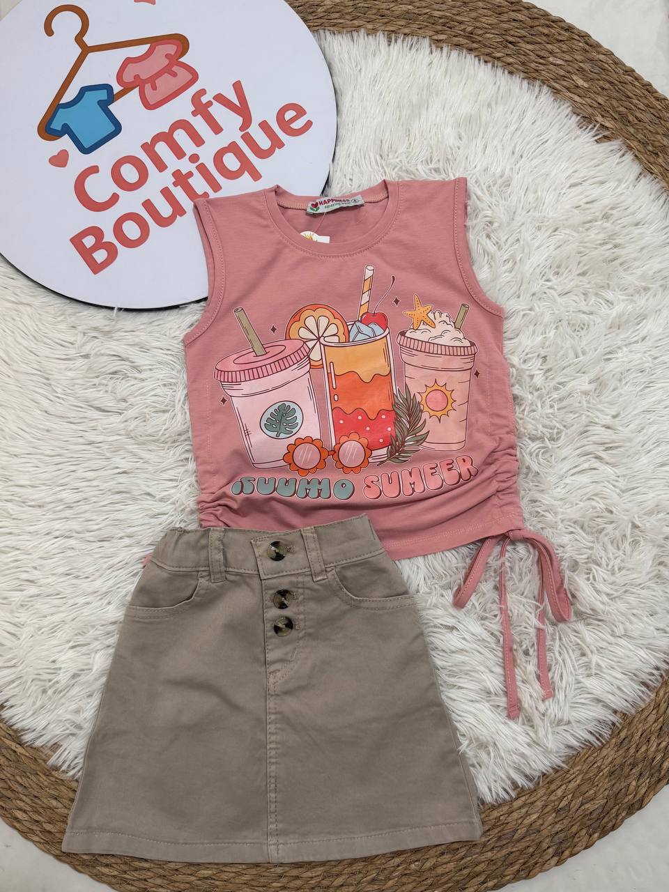 Girls Pink Summer Sleeveless Top & Beige Skirt Set | Casual Kids Outfit |HP003G
