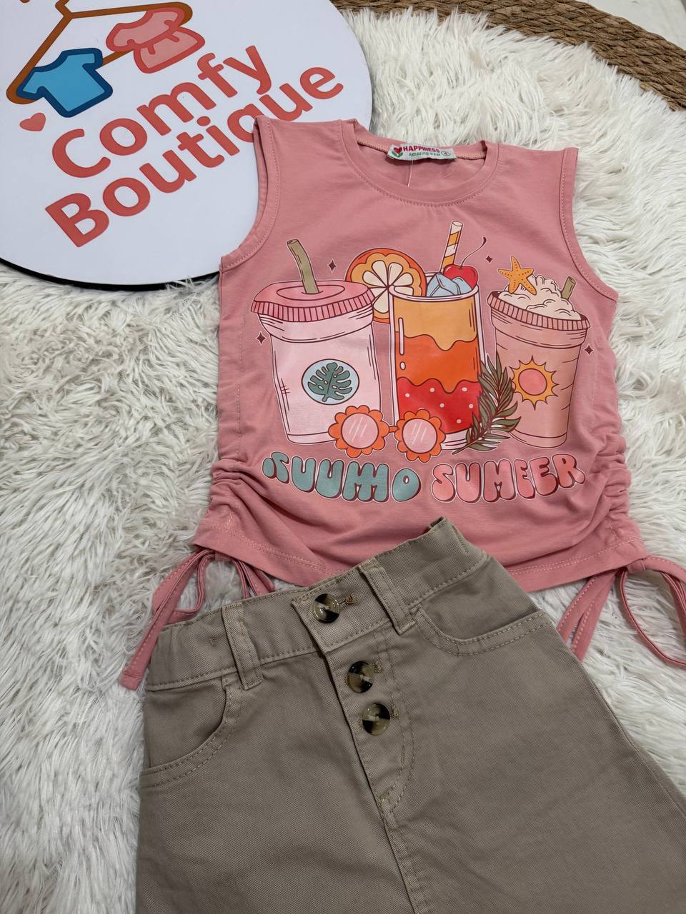 Girls Pink Summer Sleeveless Top & Beige Skirt Set | Casual Kids Outfit |HP003G
