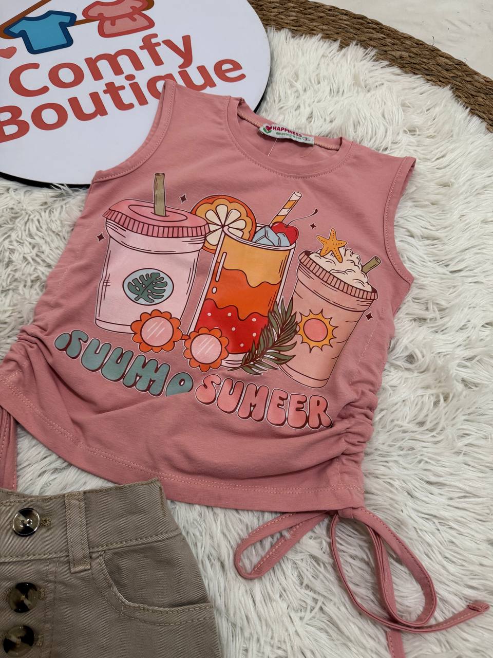 Girls Pink Summer Sleeveless Top & Beige Skirt Set | Casual Kids Outfit |HP003G