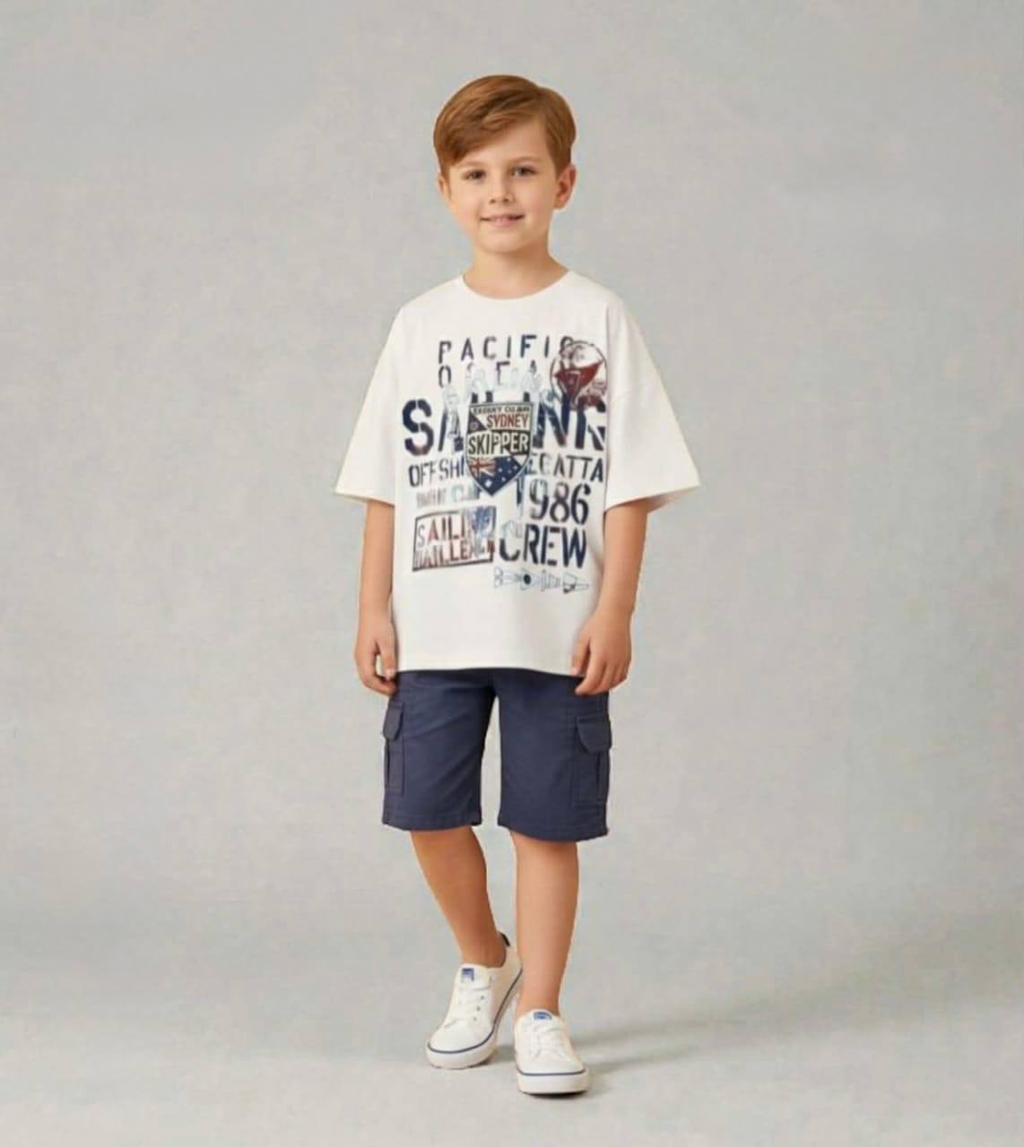 Boys White Sailor Print Oversized T-Shirt with Navy Cargo Shorts Set | Summer Casual Outfit|HP004B