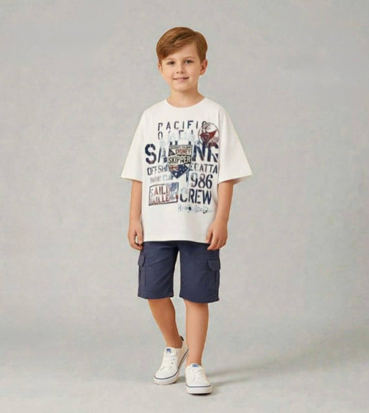 Boys White Sailor Print Oversized T-Shirt with Navy Cargo Shorts Set | Summer Casual Outfit|HP004B