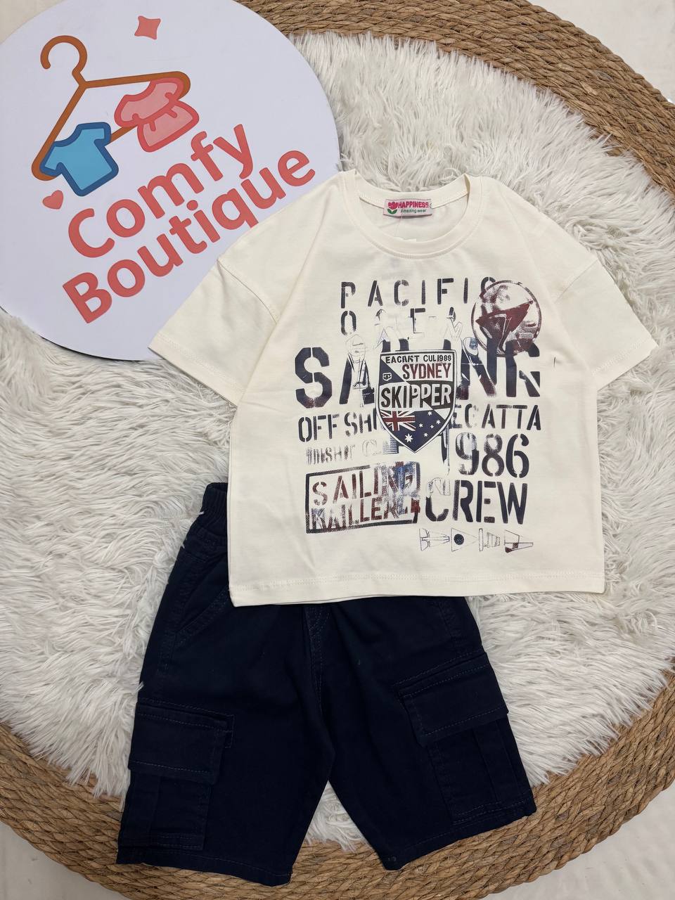 Boys White Sailor Print Oversized T-Shirt with Navy Cargo Shorts Set | Summer Casual Outfit|HP004B