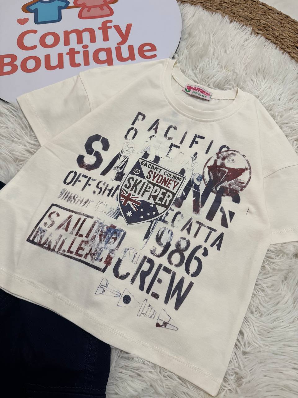 Boys White Sailor Print Oversized T-Shirt with Navy Cargo Shorts Set | Summer Casual Outfit|HP004B