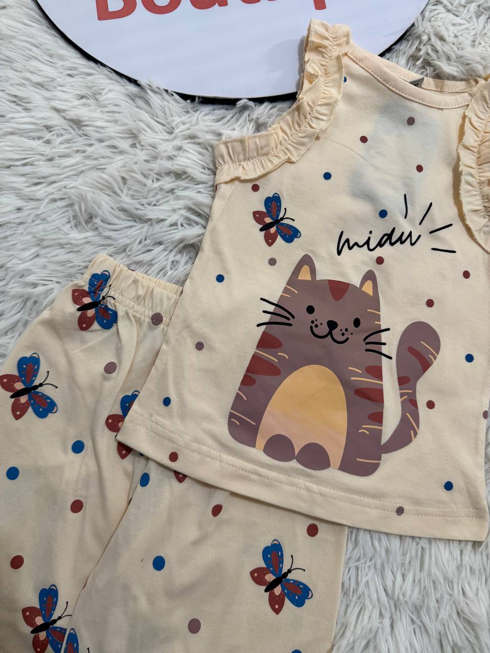 Girls Cotton Summer Pajama Set – Cat Print Sleeveless Top & Butterfly Shorts | ZM011G