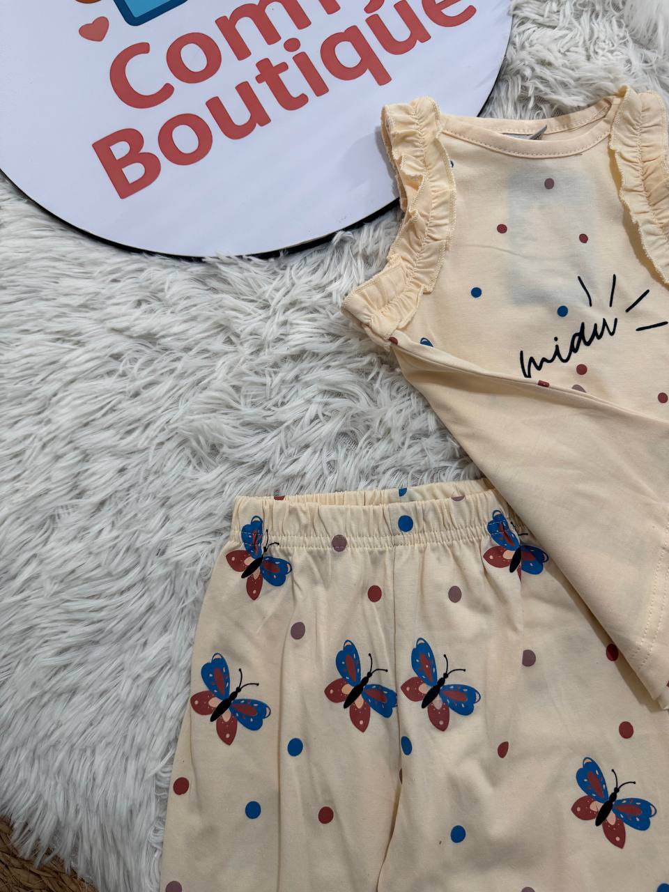 Girls Cotton Summer Pajama Set – Cat Print Sleeveless Top & Butterfly Shorts | ZM011G