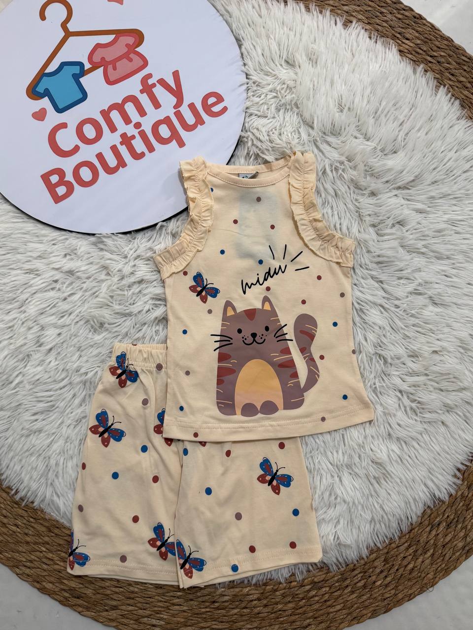 Girls Cotton Summer Pajama Set – Cat Print Sleeveless Top & Butterfly Shorts | ZM011G