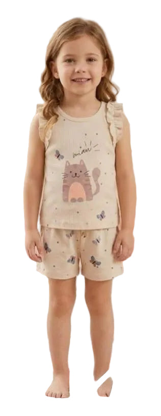 Girls Cotton Summer Pajama Set – Cat Print Sleeveless Top & Butterfly Shorts | ZM011G