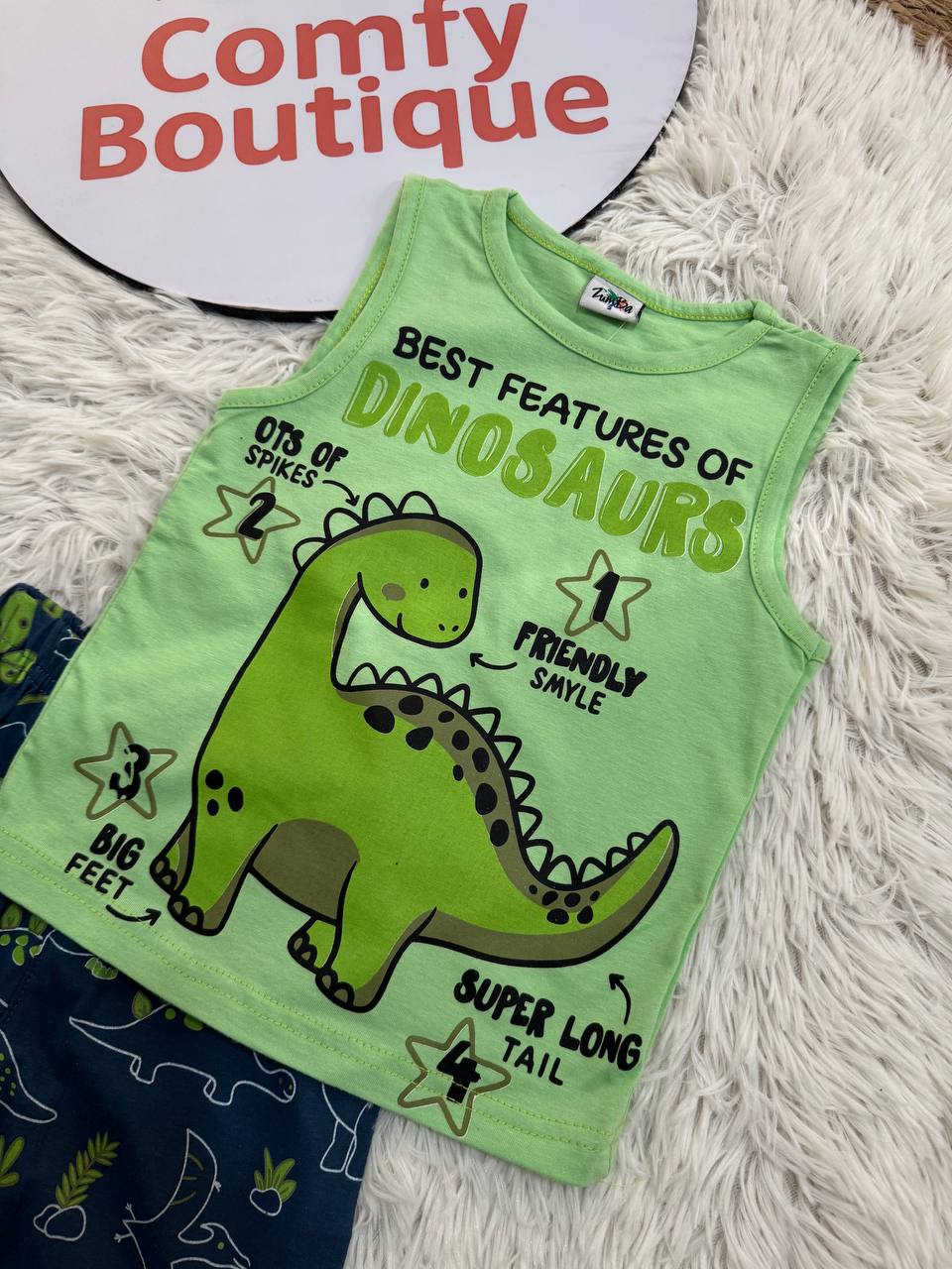 Boys Cotton Summer Pajama Set – Dinosaur Print Sleeveless Top & Printed Shorts |ZM016B