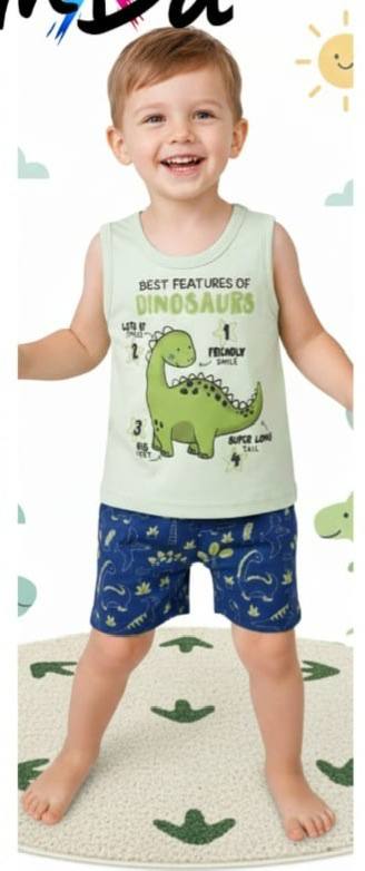 Boys Cotton Summer Pajama Set – Dinosaur Print Sleeveless Top & Printed Shorts |ZM016B