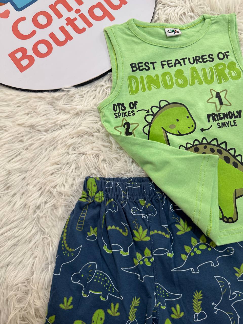 Boys Cotton Summer Pajama Set – Dinosaur Print Sleeveless Top & Printed Shorts |ZM016B