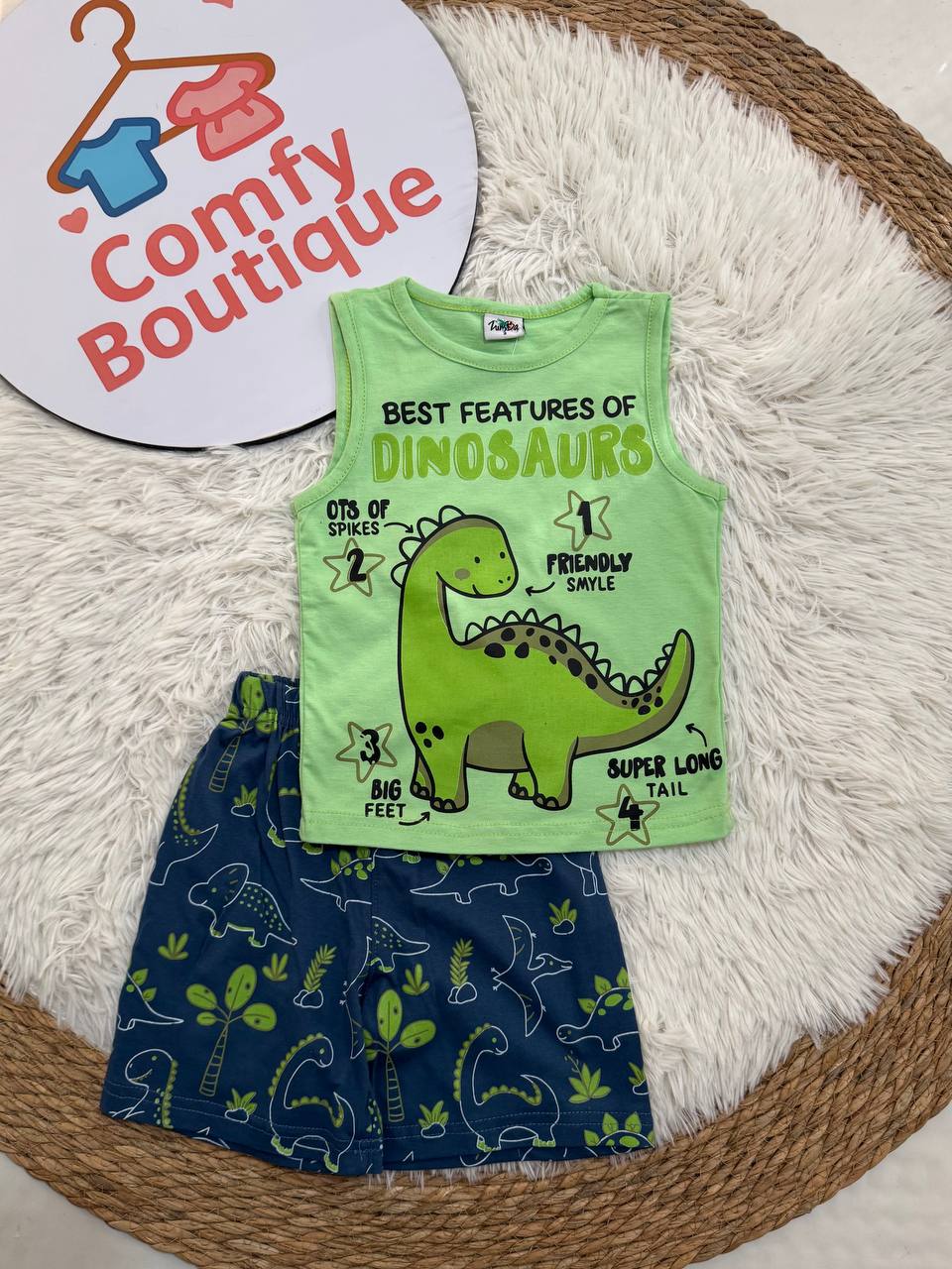 Boys Cotton Summer Pajama Set – Dinosaur Print Sleeveless Top & Printed Shorts |ZM016B