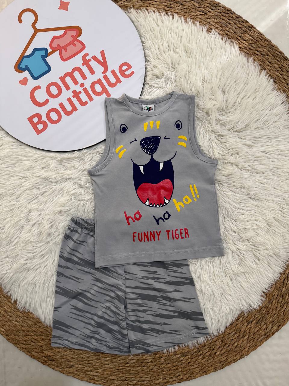 Boys Summer Cotton Pajama Set – Sleeveless Funny Tiger Print & Striped Shorts | ZM017B