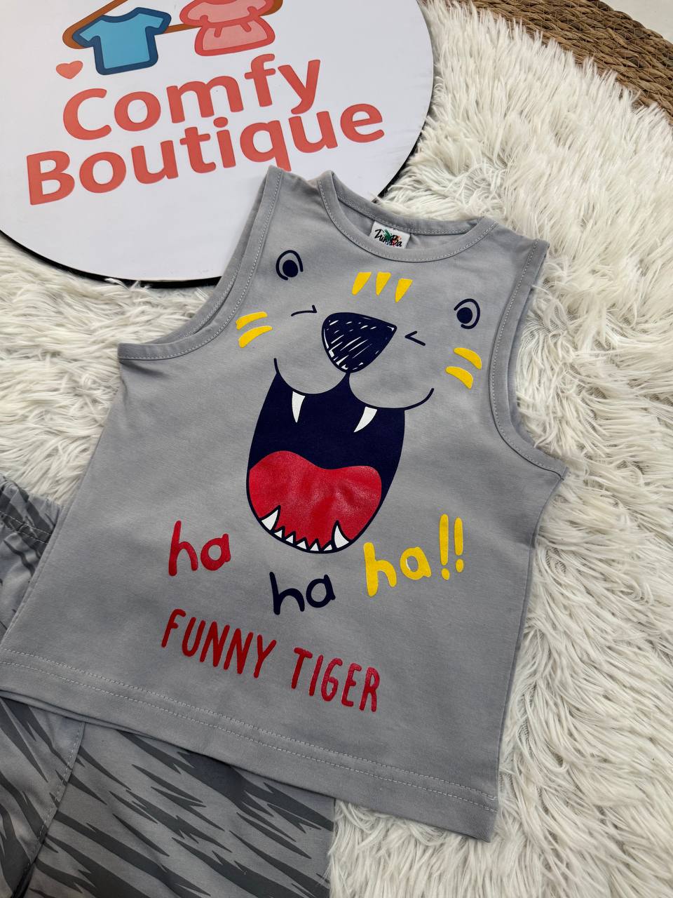 Boys Summer Cotton Pajama Set – Sleeveless Funny Tiger Print & Striped Shorts | ZM017B