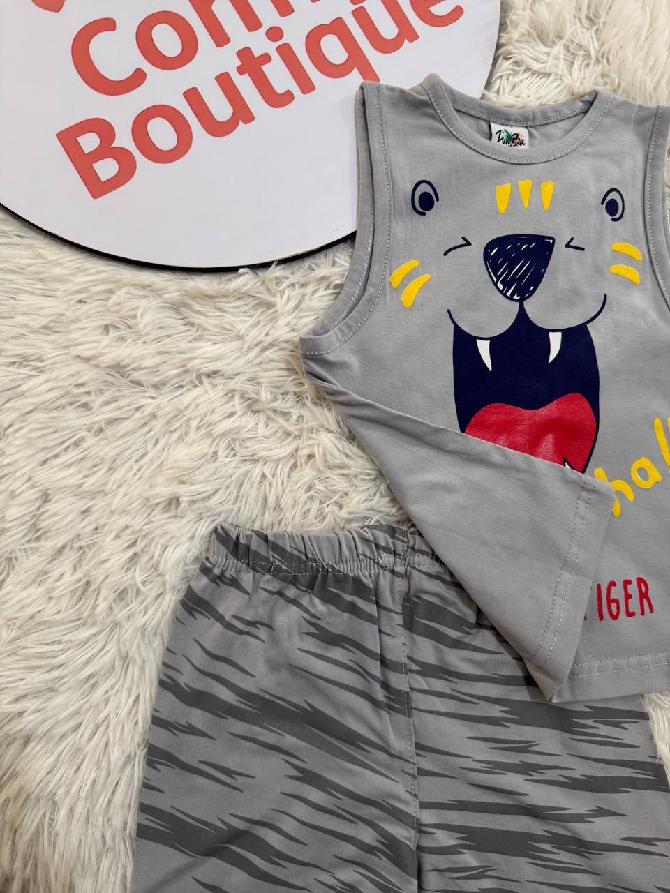 Boys Summer Cotton Pajama Set – Sleeveless Funny Tiger Print & Striped Shorts | ZM017B