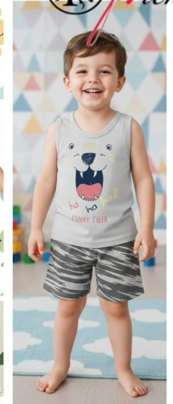 Boys Summer Cotton Pajama Set – Sleeveless Funny Tiger Print & Striped Shorts | ZM017B
