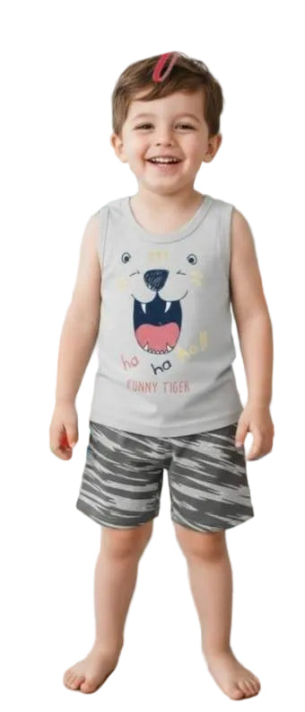 Boys Summer Cotton Pajama Set – Sleeveless Funny Tiger Print & Striped Shorts | ZM017B