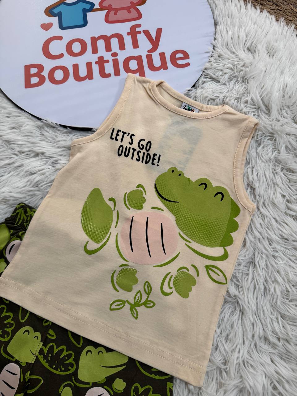 Boys Summer Cotton Pajama Set – Sleeveless Crocodile Print & Green Shorts | ZM018B