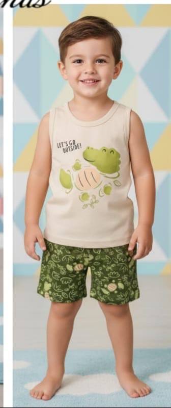 Boys Summer Cotton Pajama Set – Sleeveless Crocodile Print & Green Shorts | ZM018B