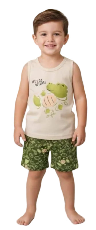 Boys Summer Cotton Pajama Set – Sleeveless Crocodile Print & Green Shorts | ZM018B