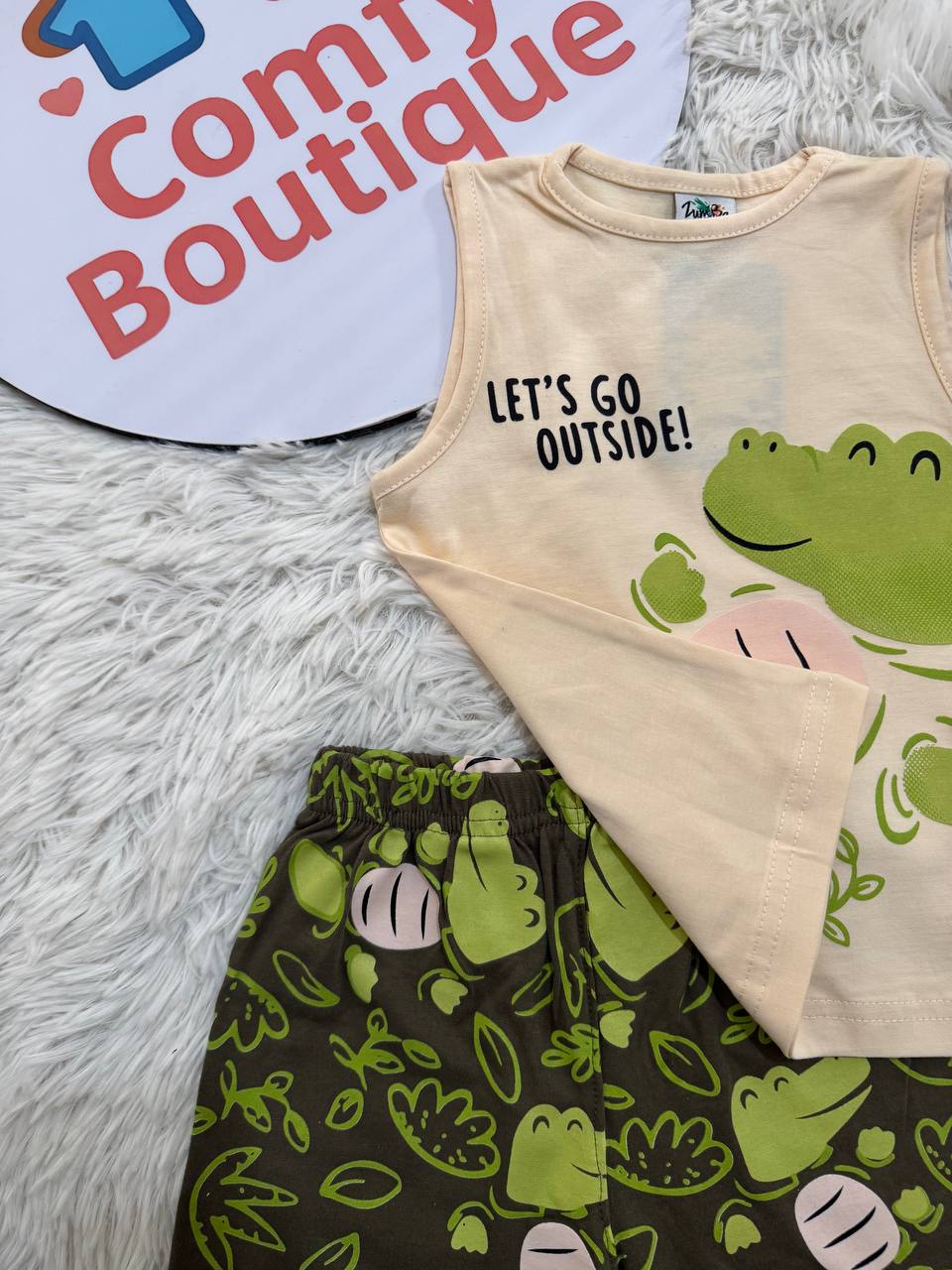 Boys Summer Cotton Pajama Set – Sleeveless Crocodile Print & Green Shorts | ZM018B