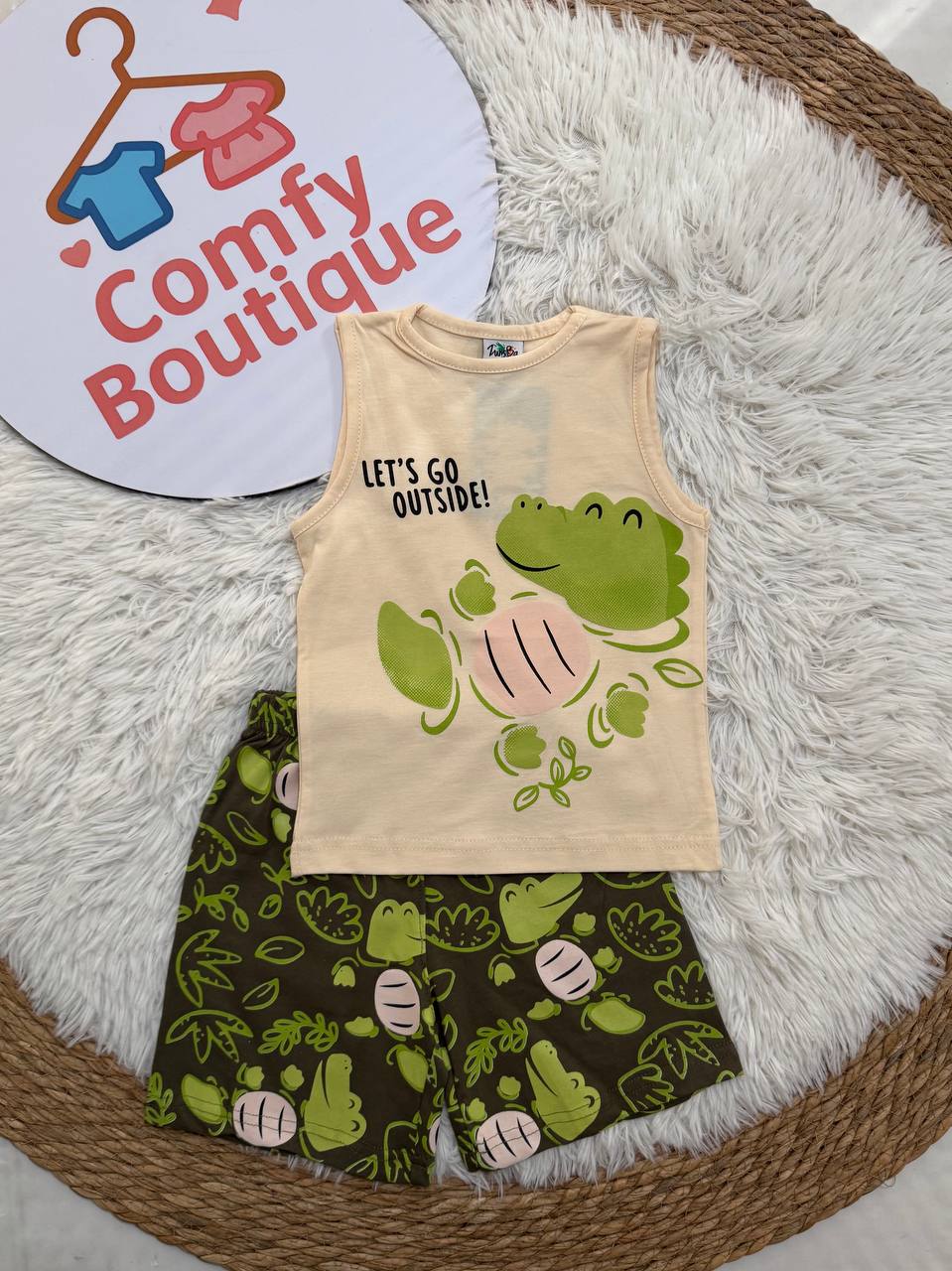 Boys Summer Cotton Pajama Set – Sleeveless Crocodile Print & Green Shorts | ZM018B