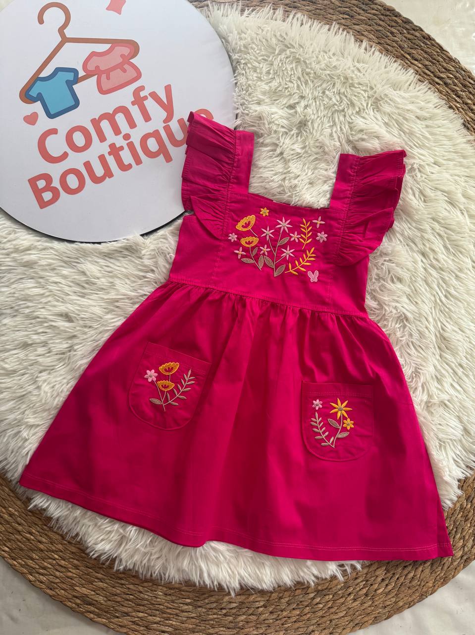 Girls Embroidered Pink Cotton Dress with Ruffle Sleeves | BQ011G