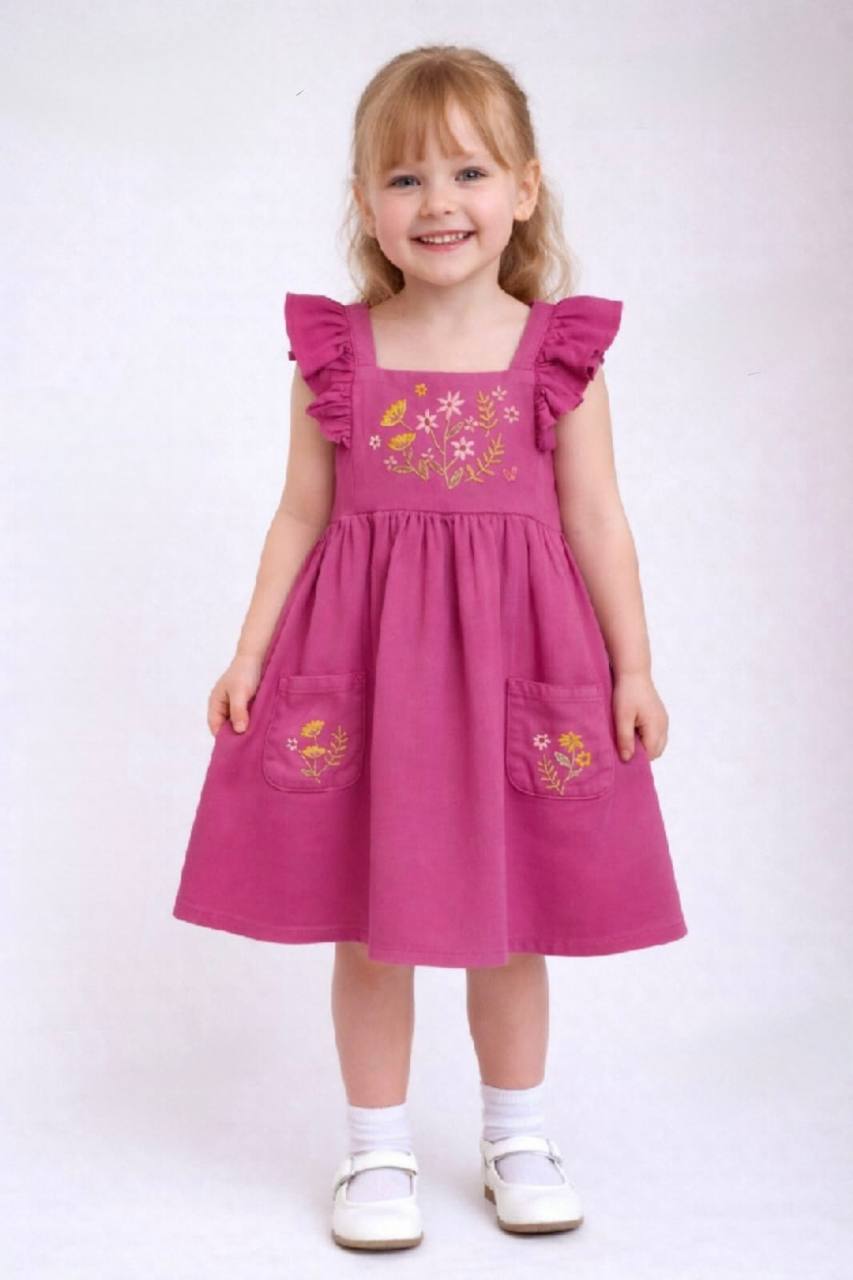 Girls Embroidered Pink Cotton Dress with Ruffle Sleeves | BQ011G