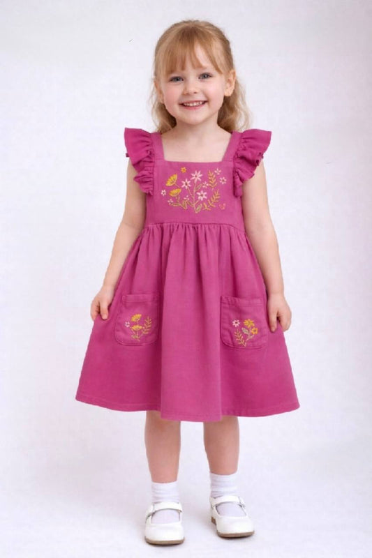 Girls Embroidered Pink Cotton Dress with Ruffle Sleeves | BQ011G
