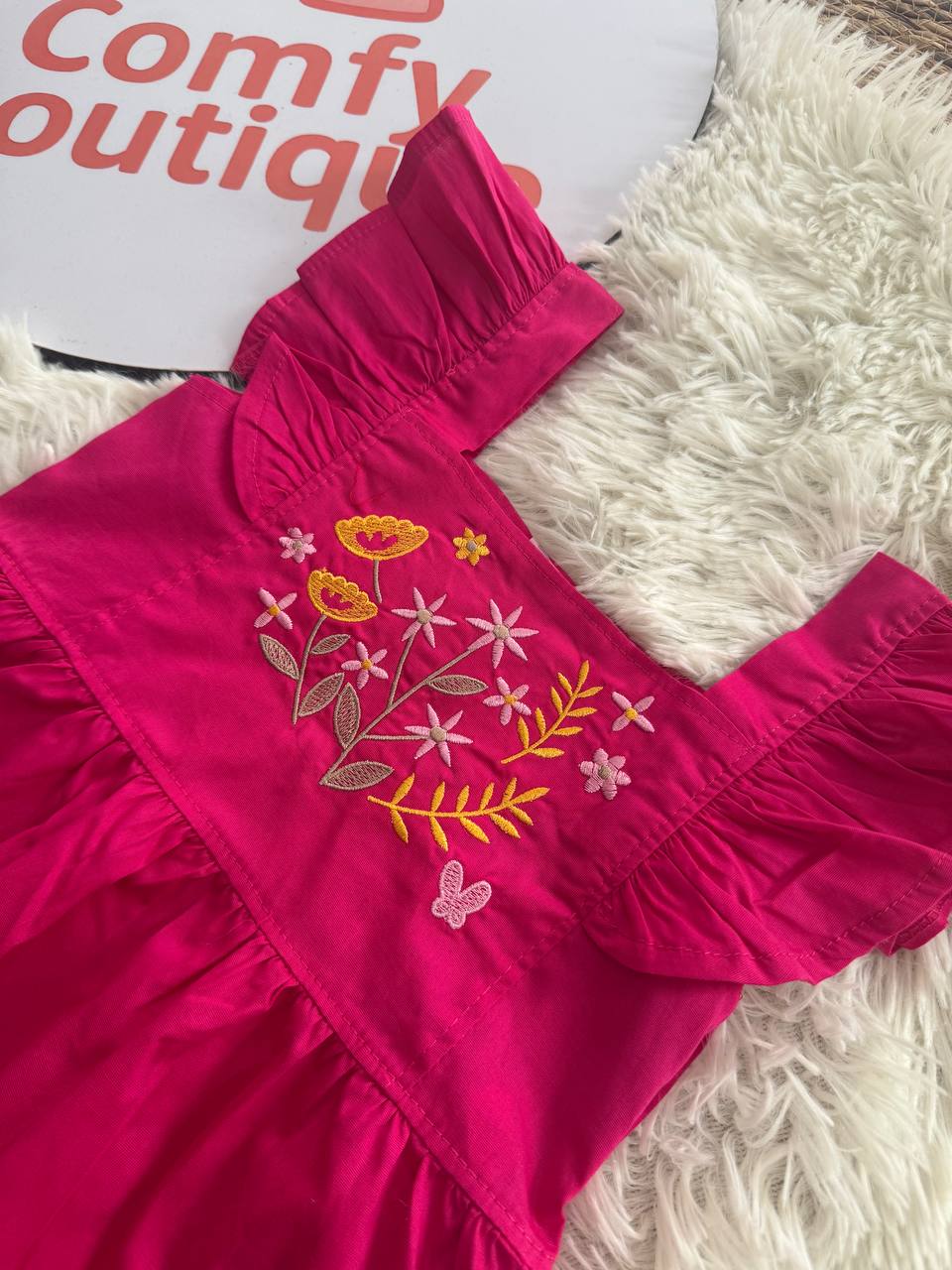 Girls Embroidered Pink Cotton Dress with Ruffle Sleeves | BQ011G