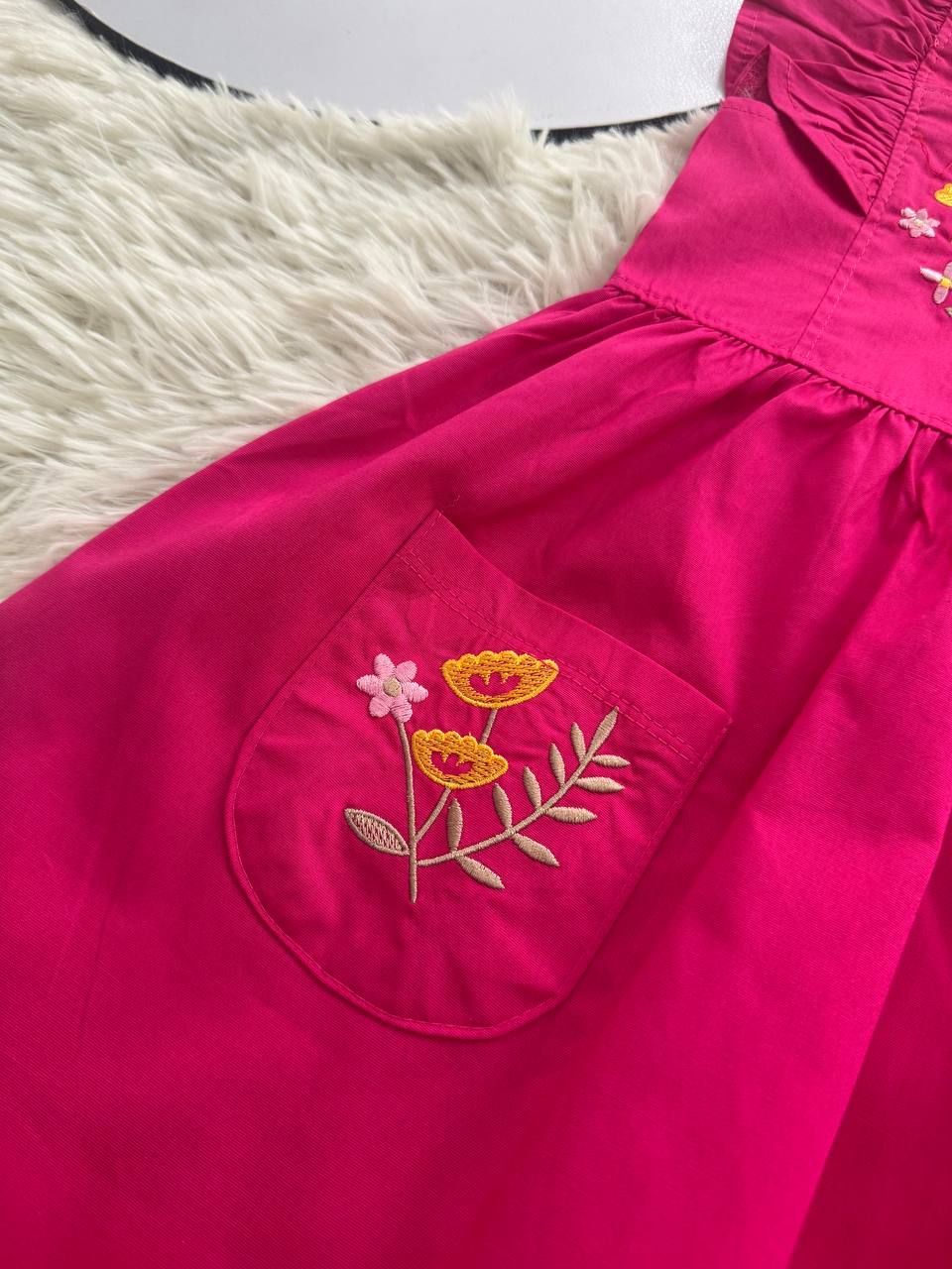 Girls Embroidered Pink Cotton Dress with Ruffle Sleeves | BQ011G