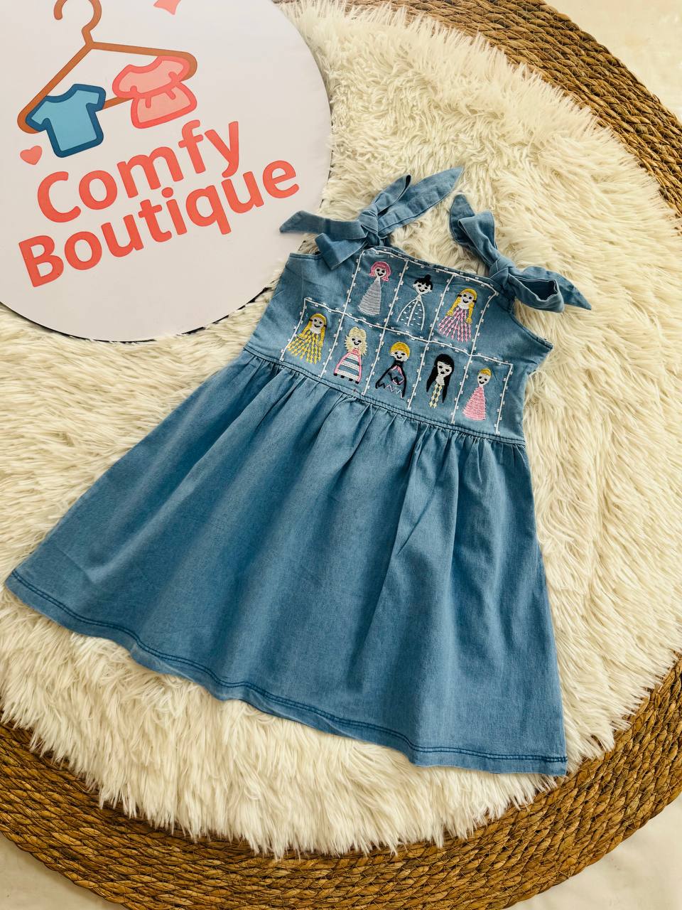 Girls Embroidered Denim Summer Dress with Adjustable Shoulder Ties|BQ012G