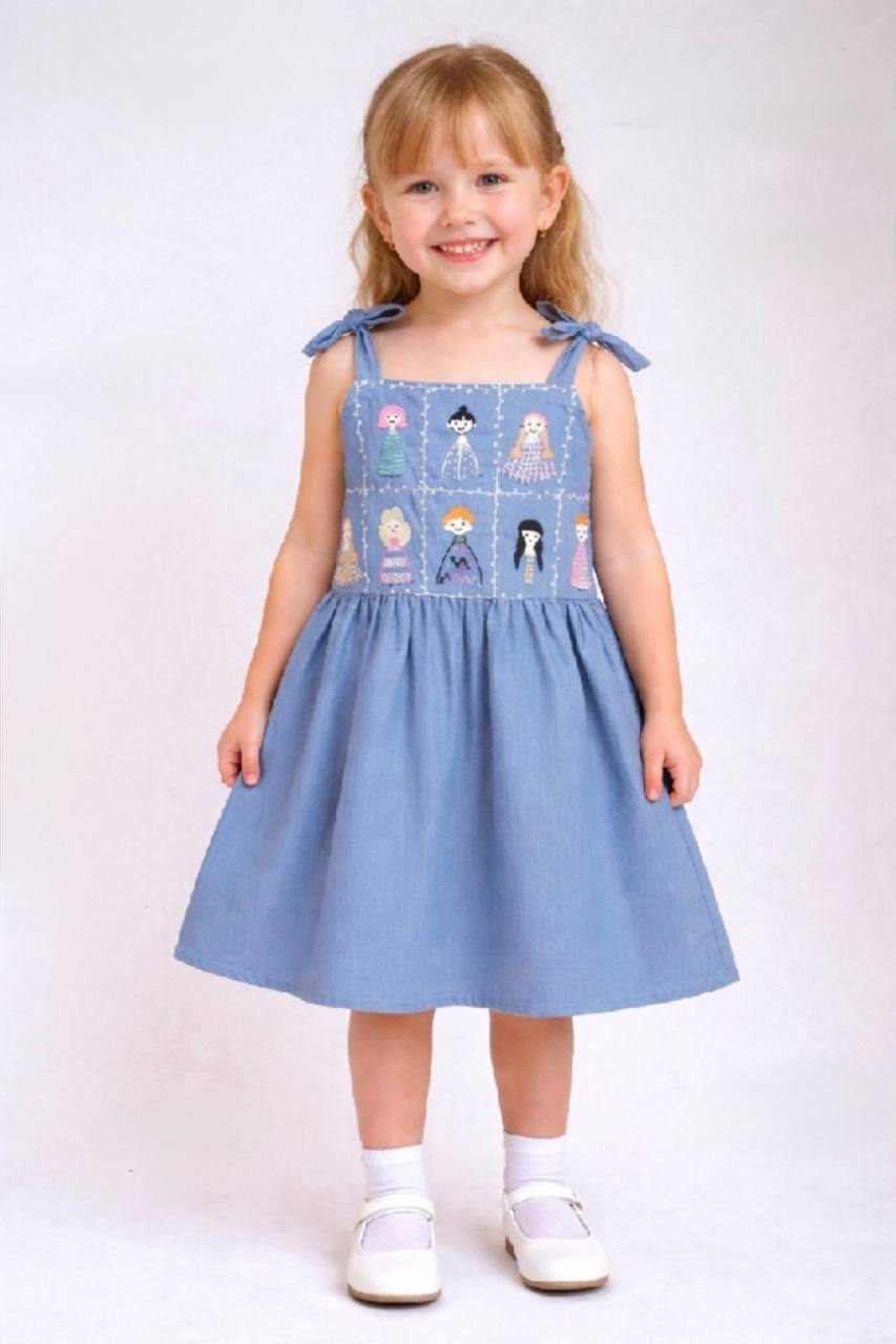 Girls Embroidered Denim Summer Dress with Adjustable Shoulder Ties|BQ012G