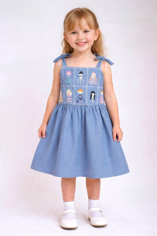 Girls Embroidered Denim Summer Dress with Adjustable Shoulder Ties|BQ012G