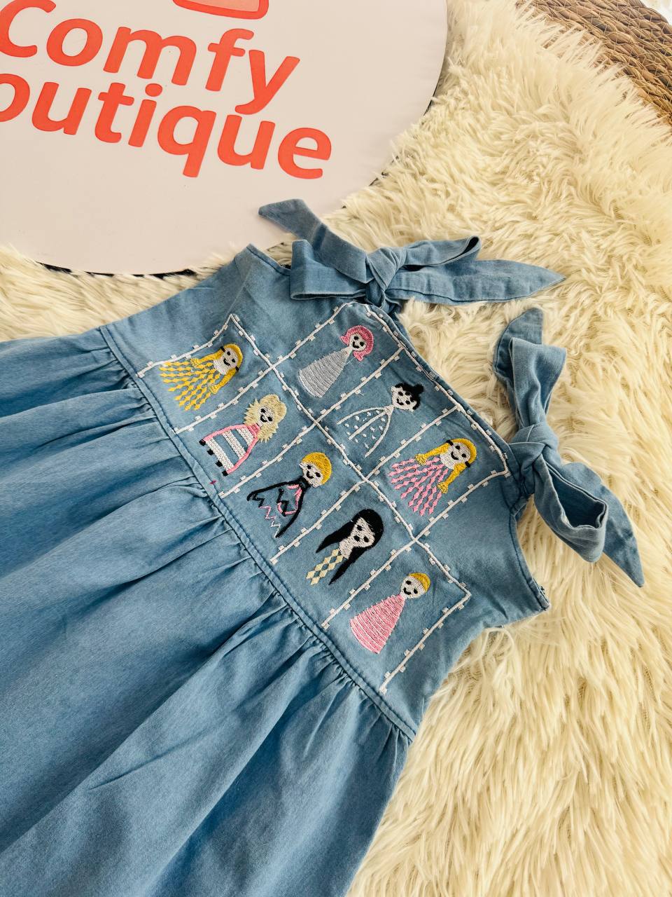 Girls Embroidered Denim Summer Dress with Adjustable Shoulder Ties|BQ012G
