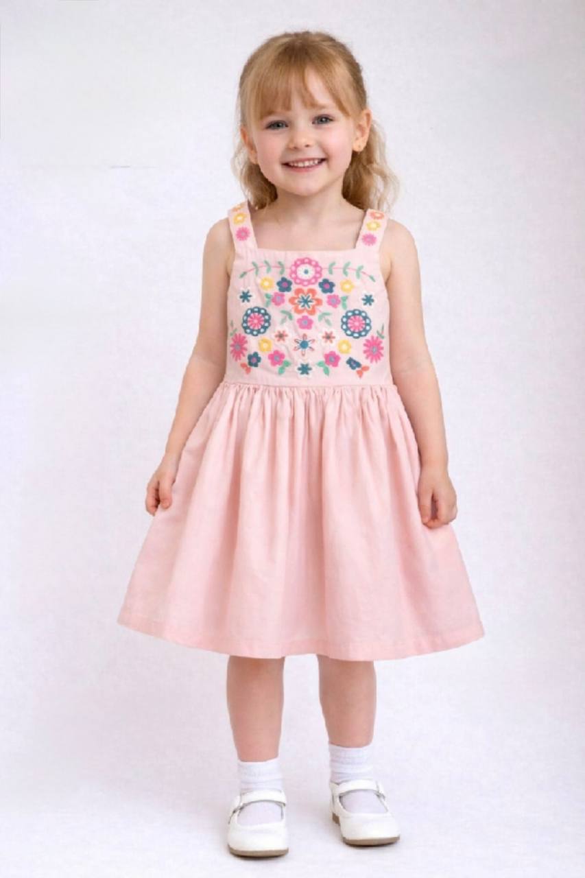 Girls’  Peach Floral Embroidered Cotton Dress – Sleeveless Summer Party Dress|BQ013G