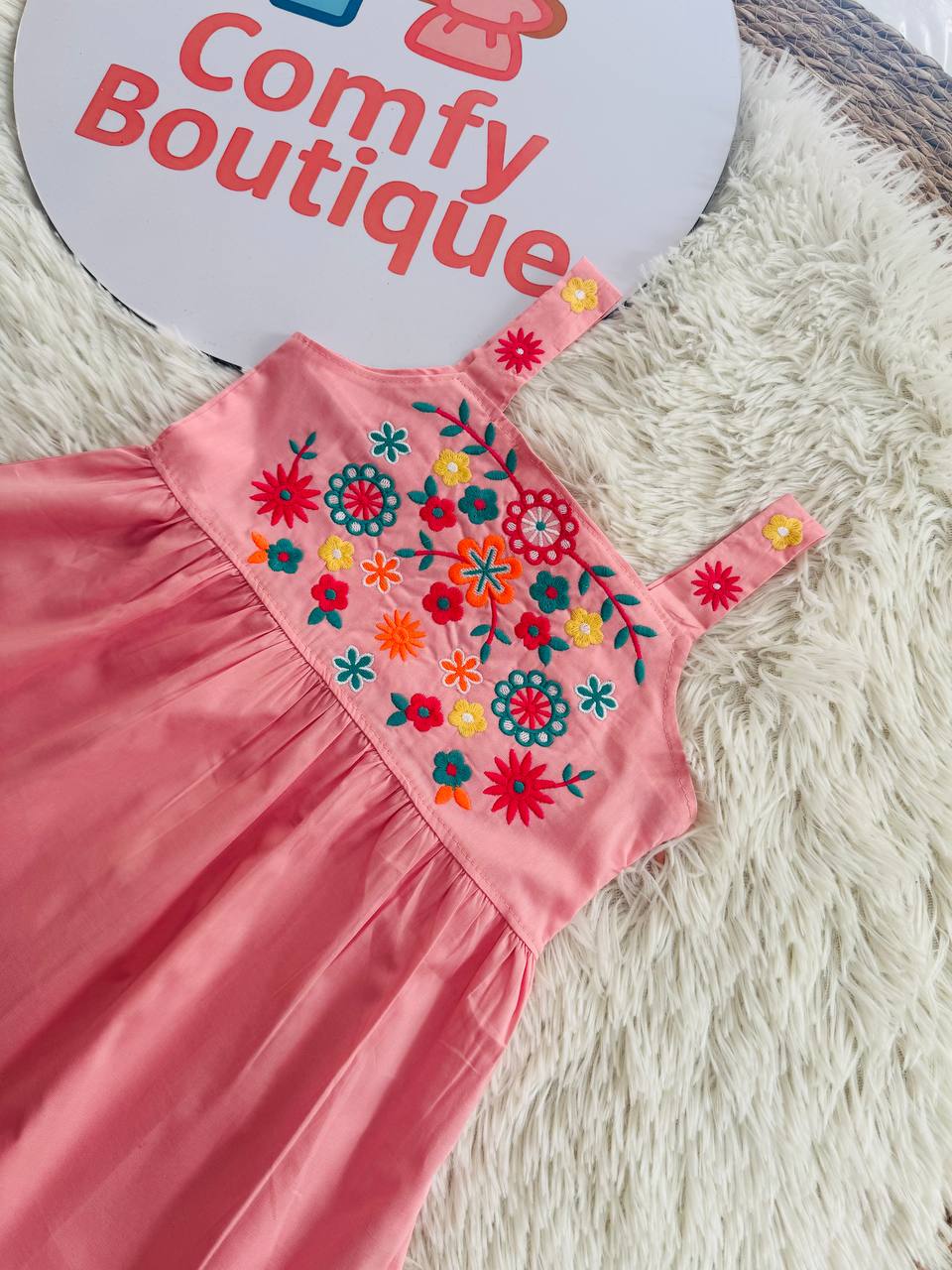 Girls’  Peach Floral Embroidered Cotton Dress – Sleeveless Summer Party Dress|BQ013G