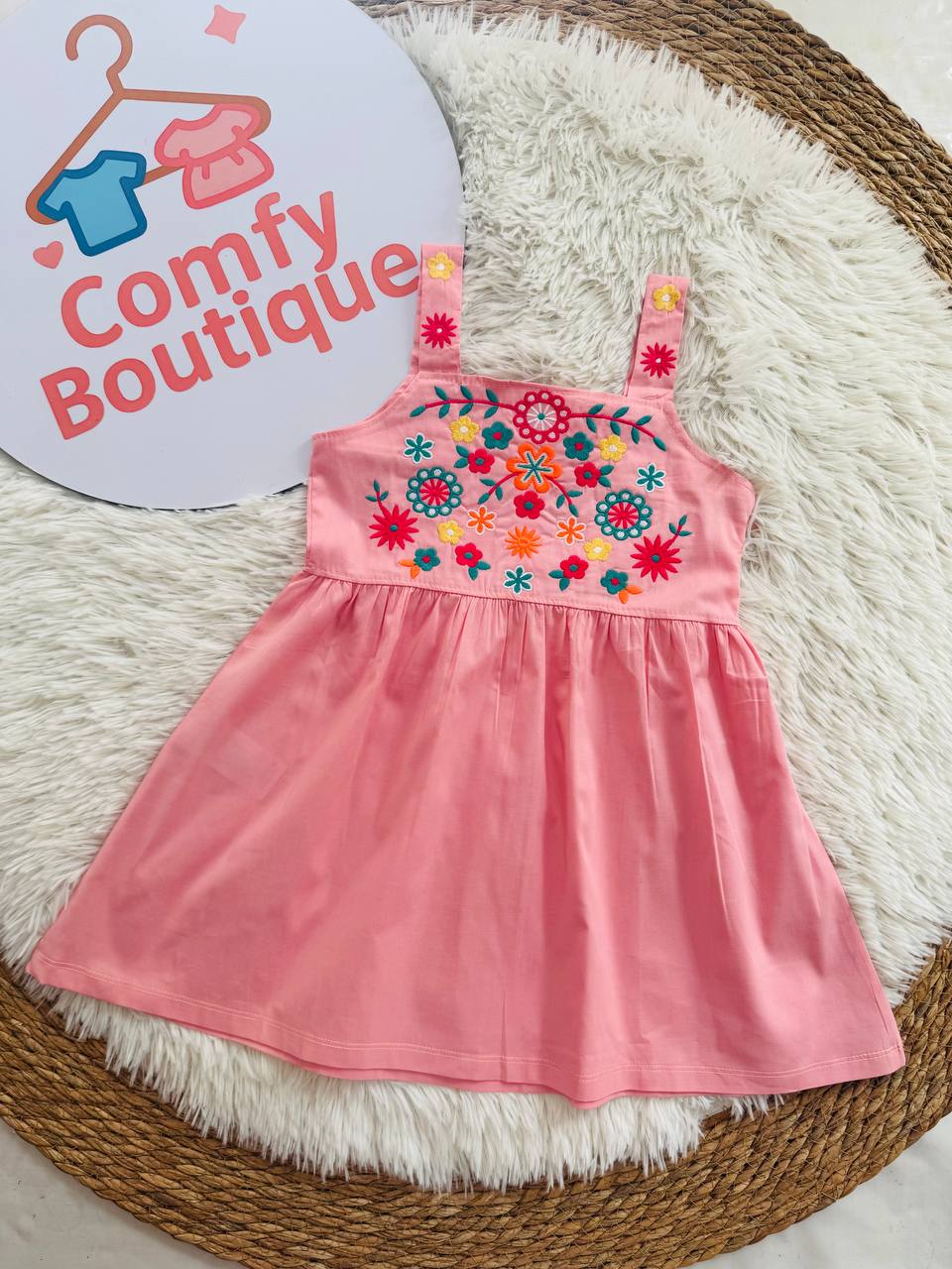 Girls’  Peach Floral Embroidered Cotton Dress – Sleeveless Summer Party Dress|BQ013G