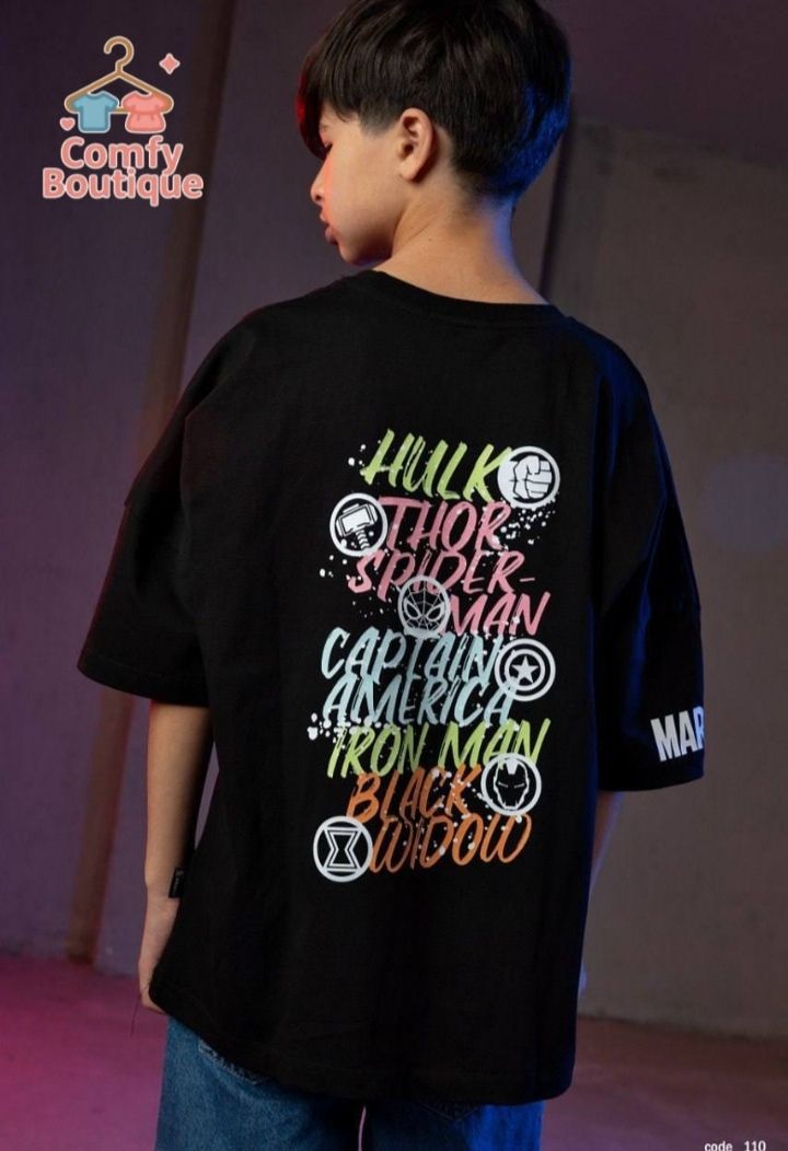 Boys Marvel Oversized Black T-Shirt – Casual Summer Cotton Tee|B1711