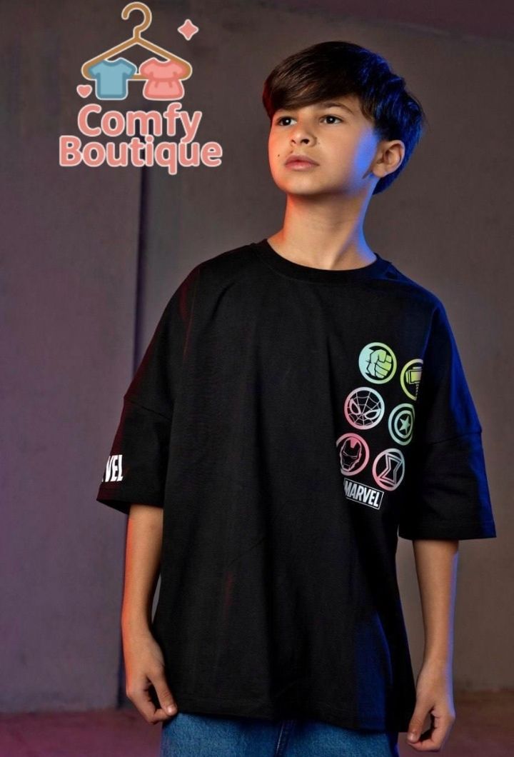 Boys Marvel Oversized Black T-Shirt – Casual Summer Cotton Tee|B1711