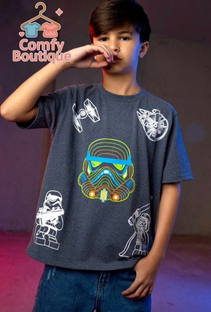 Boys Star Wars Oversized Graphic T-Shirt – Dark Grey Casual Cotton Tee|B1712