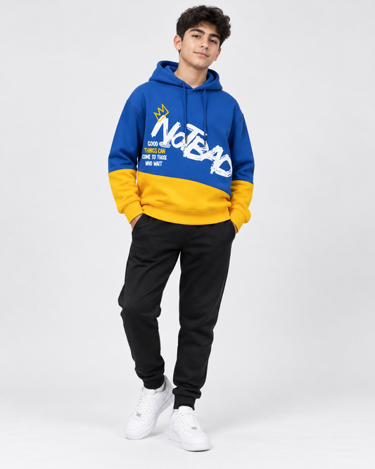 Boys Color-Block Hoodie – Blue & Yellow 'NOT BAD' Printed Sweatshirt