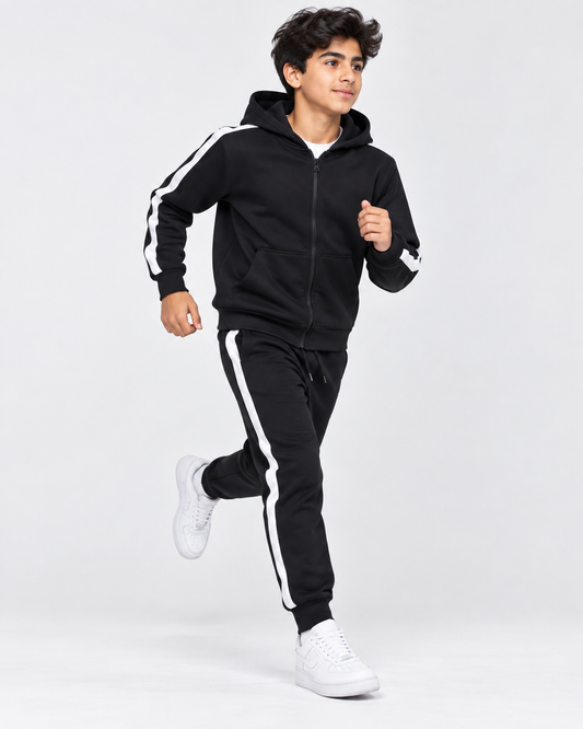 Kids Black 2-Piece Tracksuit with White Side Stripes – Full-Zip Hoodie & Joggers