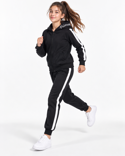 Girls Black 2-Piece Tracksuit with White Side Stripes & "Princess" Embroidered Hood