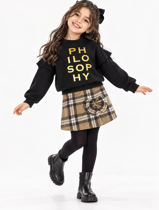 Girls 2-Piece Outfit – Black 'Philosophy' Sweatshirt & Beige Plaid Skirt with Bow