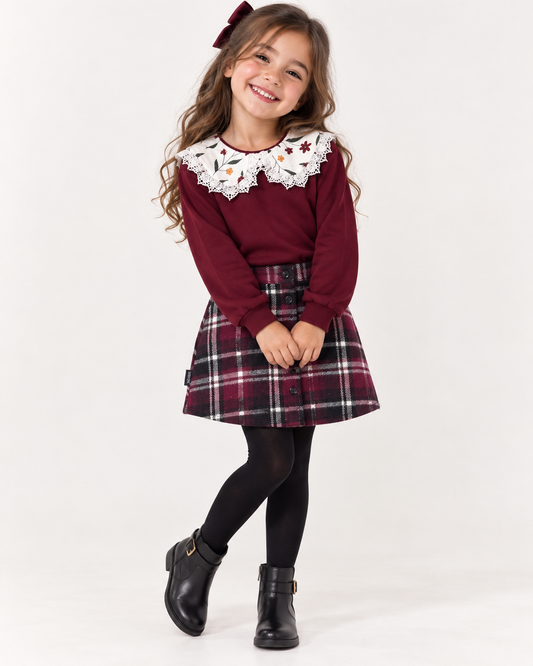 Girls 2-Piece Burgundy Set – Collared Floral Sweatshirt & Plaid Skirt