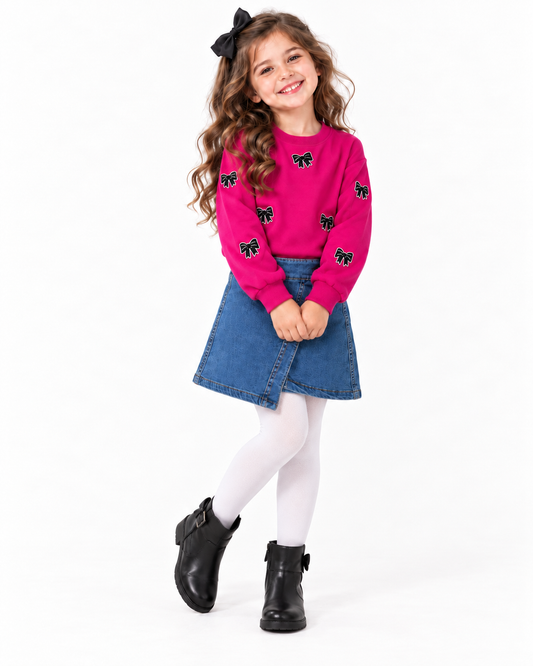Girls 2-Piece Outfit – Fuchsia Bow Sweatshirt & Blue Denim Skirt
