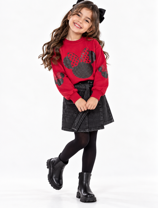 Girls 2-Piece Outfit – Red Minnie Mouse Sweatshirt & Grey Denim Skirt