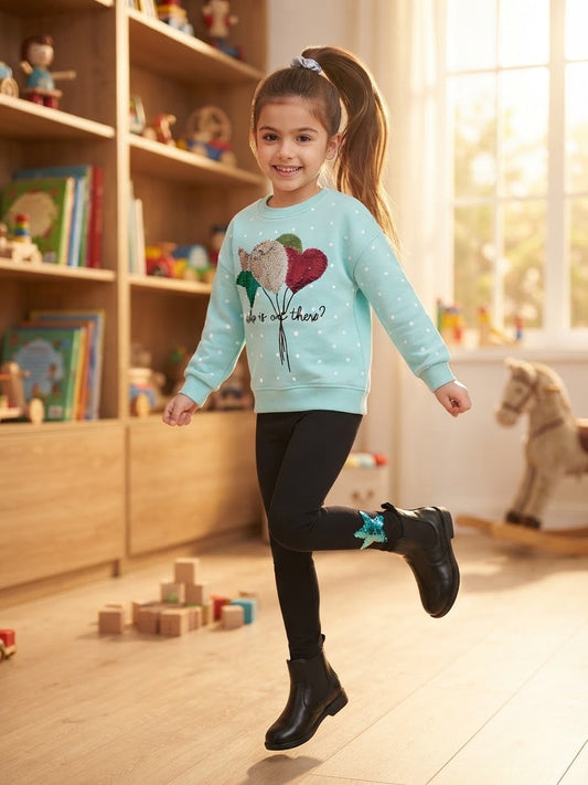 Girls 2-Piece Mint Green Sweatshirt & Black Sweatpants Set with Sequin Balloons