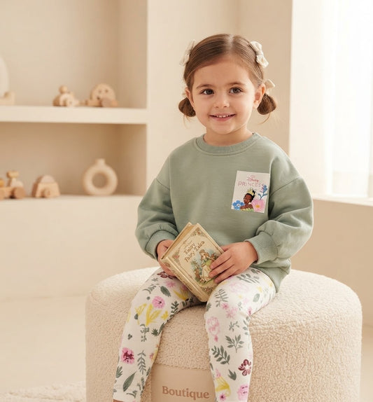 Baby Girls' Disney Princess 2-Piece Set – Sage Green Sweatshirt & Floral Leggings : KZ1-004G